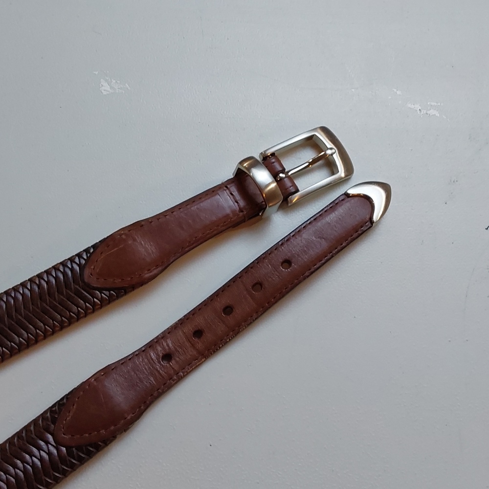 Vintage Brown Braided Woven Premium Leather Mens Belt Western Silver Buckle L/XL